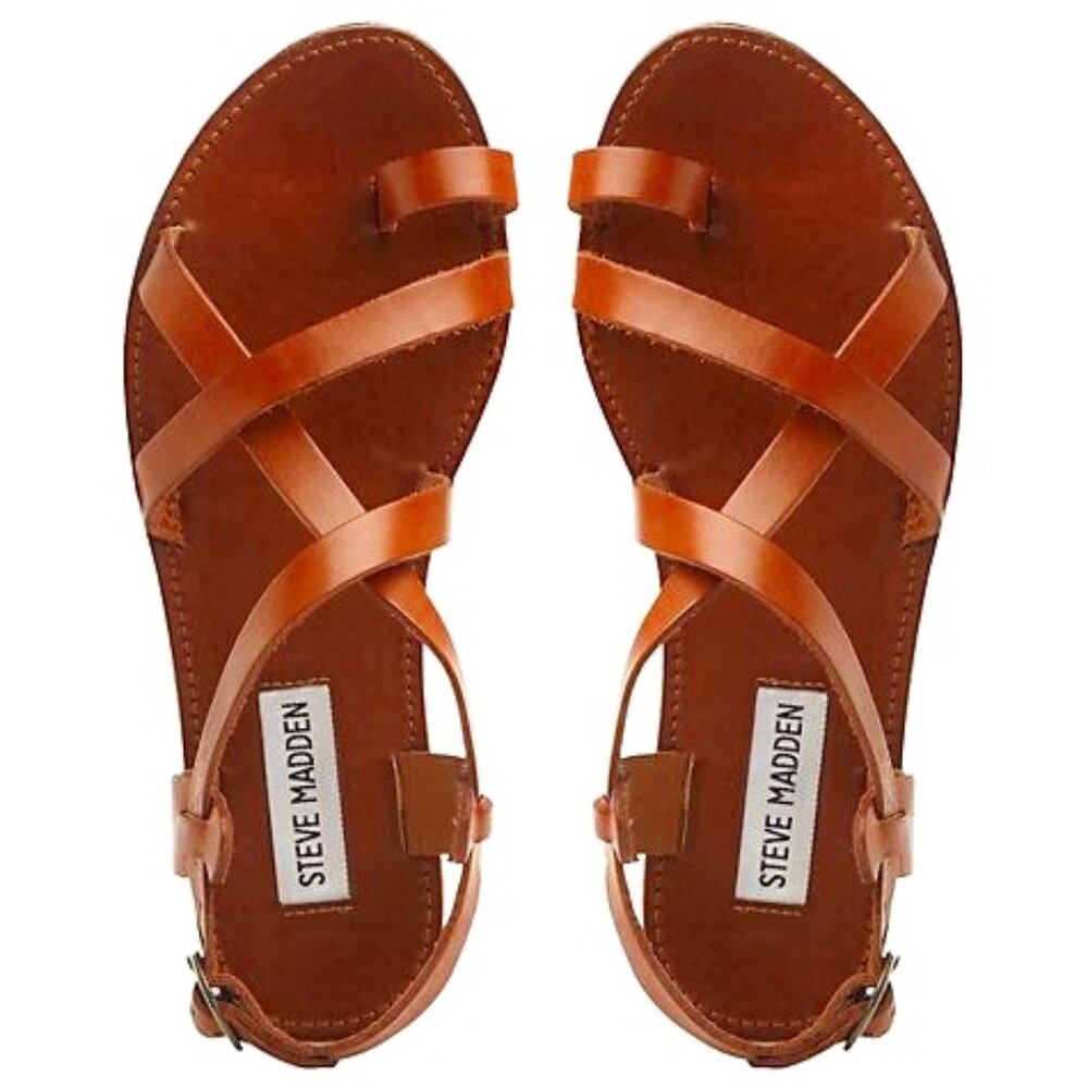 Steve Madden Agathist Cognac Leather Flat Sandals Size 7.5